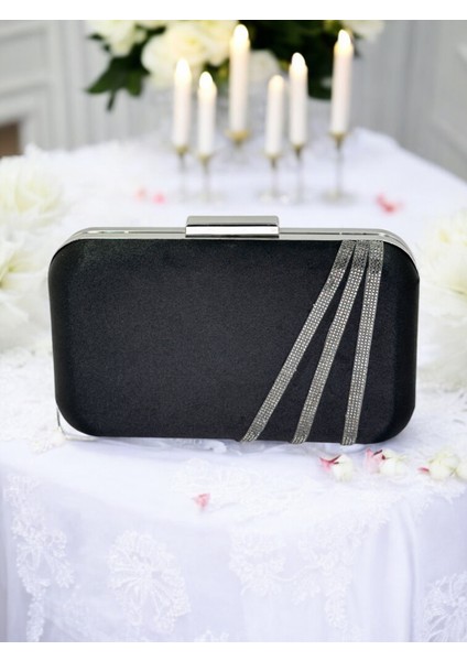 Siyah Renk Saten Platin Taşlı Abiye Çanta Gece Çantası Nişan Düğün Çantası fiyatları