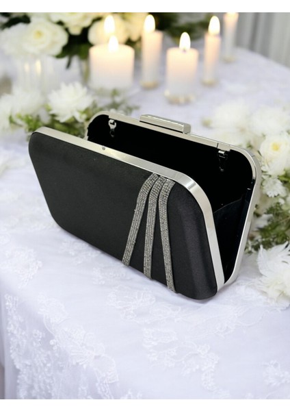 Siyah Renk Saten Platin Taşlı Abiye Çanta Gece Çantası Nişan Düğün Çantası modelleri