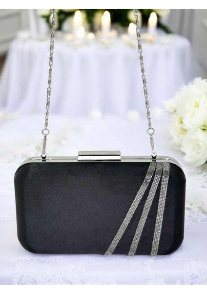 Siyah Renk Saten Platin Taşlı Abiye Çanta Gece Çantası Nişan Düğün Çantası fırsatları