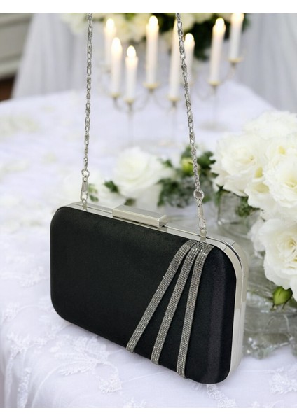 Siyah Renk Saten Platin Taşlı Abiye Çanta Gece Çantası Nişan Düğün Çantası indirimleri