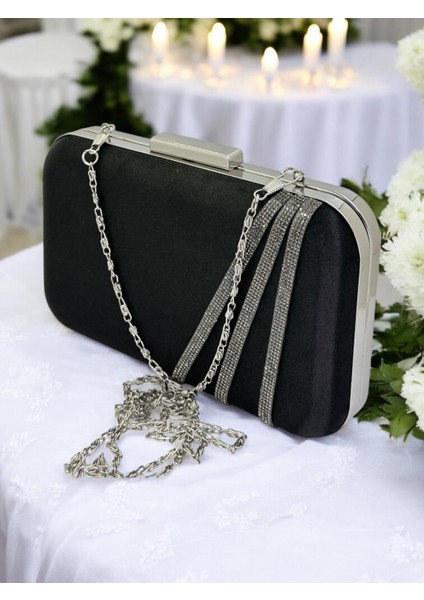 Siyah Renk Saten Platin Taşlı Abiye Çanta Gece Çantası Nişan Düğün Çantası