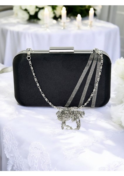 Siyah Renk Saten Platin Taşlı Abiye Çanta Gece Çantası Nişan Düğün Çantası