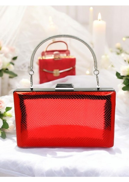 Kırmızı Renk Balıksırtı Desenli Metal Saplı Parlak Rugan Deri Kadın Abiye Çanta Düğün Nişan fiyatları
