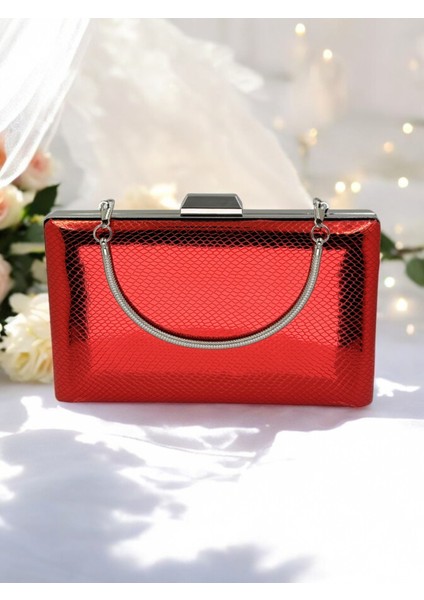 Kırmızı Renk Balıksırtı Desenli Metal Saplı Parlak Rugan Deri Kadın Abiye Çanta Düğün Nişan