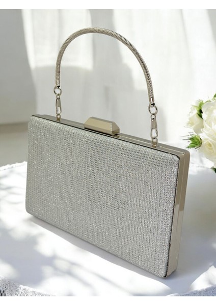 Gümüş Renk Simli Metal Saplı Kadın Abiye Çanta Düğün Nişan Mezuniyet