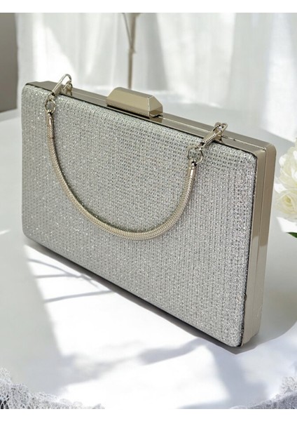 Gümüş Renk Simli Metal Saplı Kadın Abiye Çanta Düğün Nişan Mezuniyet