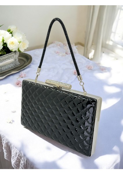 Siyah Lüks Rugan Taş Saplı Kapitone Desenli Kadın Abye Çanta Düğün Nişan Mezuniyet