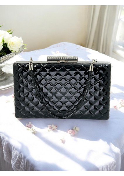 Siyah Lüks Rugan Taş Saplı Kapitone Desenli Kadın Abye Çanta Düğün Nişan Mezuniyet