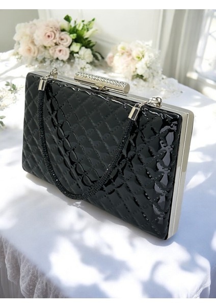 Siyah Lüks Rugan Taş Saplı Kapitone Desenli Kadın Abye Çanta Düğün Nişan Mezuniyet