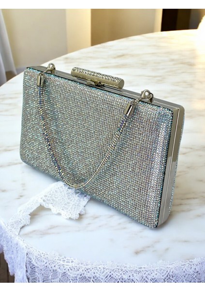 Taşlı Saplı Gümüş Janjan Renk Iki Tarıfıda Komple Taşlı Kadın Abiye Çanta Düğün Nişan Mezuniyet