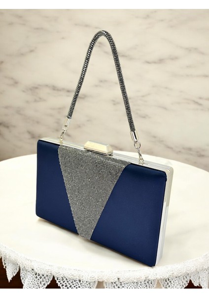 Lacivert Renk Saten Platin Renk Kristal Taşlı Saplı Kadın Abiye Çanta Düğün Mezuniyet Nişan