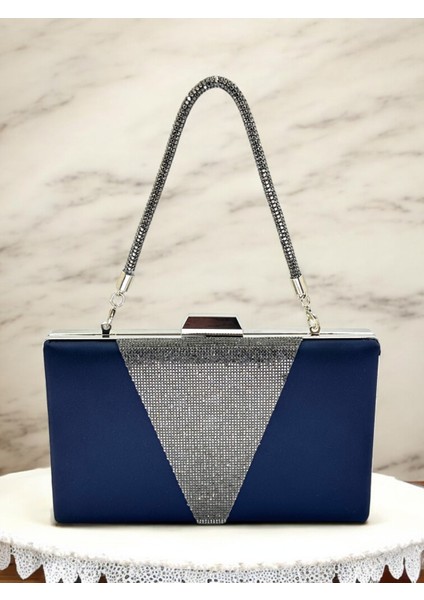 Lacivert Renk Saten Platin Renk Kristal Taşlı Saplı Kadın Abiye Çanta Düğün Mezuniyet Nişan fiyatları