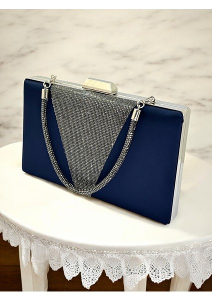 Lacivert Renk Saten Platin Renk Kristal Taşlı Saplı Kadın Abiye Çanta Düğün Mezuniyet Nişan modelleri