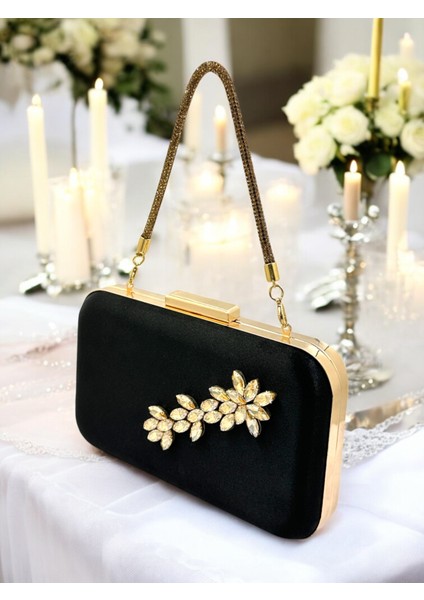 Siyah Renk Saten Taşlı Saplı Kadın Abiye Çanta Düğün Nişan Mezuniyet