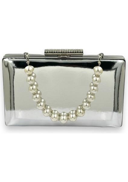 Gümüş Gri Lame Ayna Rugan Inci Saplı Abiye Çanta Gece Çantası Kına Düğün Nişan Balo Davet