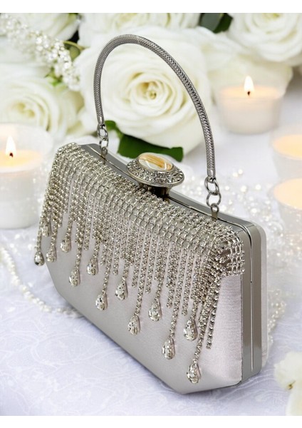 Gri Saten Kadın Abiye Çanta Düğün Nişan