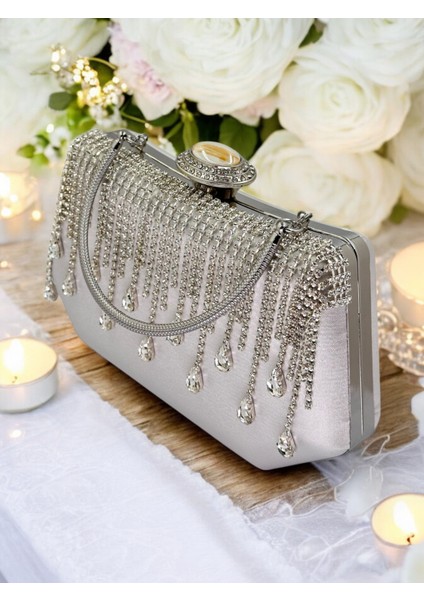 Gri Saten Kadın Abiye Çanta Düğün Nişan