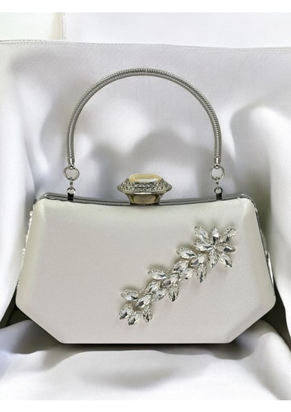 Sedef Ekru Renk Gümüş Kristal Taşlı Zarif Tasarım Metal Saplı Abiye Çantası fiyatları