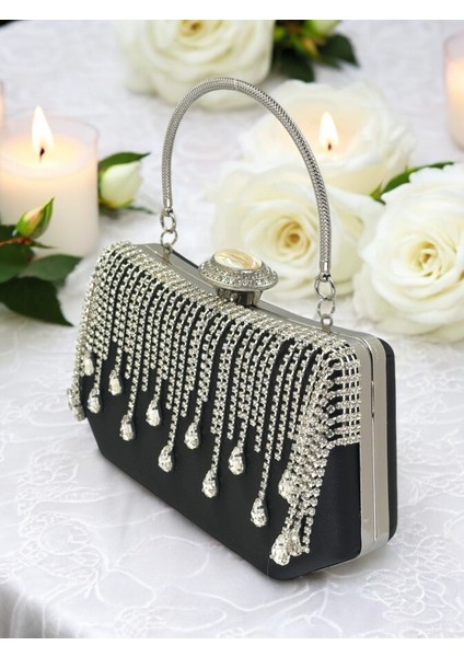 El Yapımı Siyah Saten Kristal Taşlı Abiye Çanta