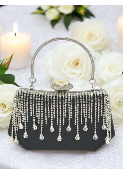 El Yapımı Siyah Saten Kristal Taşlı Abiye Çanta fiyatları