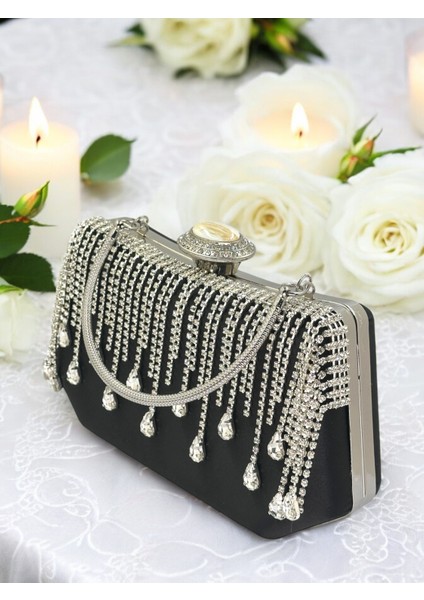 El Yapımı Siyah Saten Kristal Taşlı Abiye Çanta modelleri