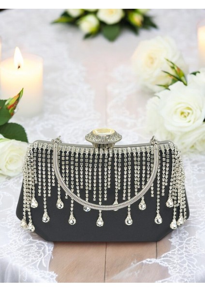 El Yapımı Siyah Saten Kristal Taşlı Abiye Çanta fırsatları