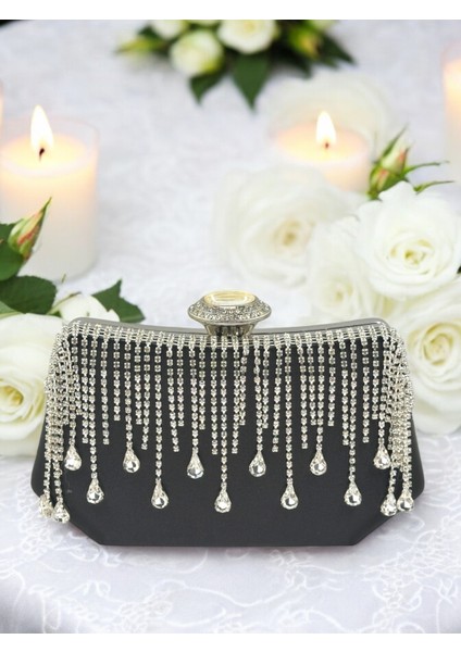 El Yapımı Siyah Saten Kristal Taşlı Abiye Çanta indirimleri