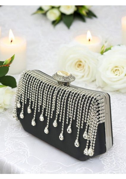 El Yapımı Siyah Saten Kristal Taşlı Abiye Çanta