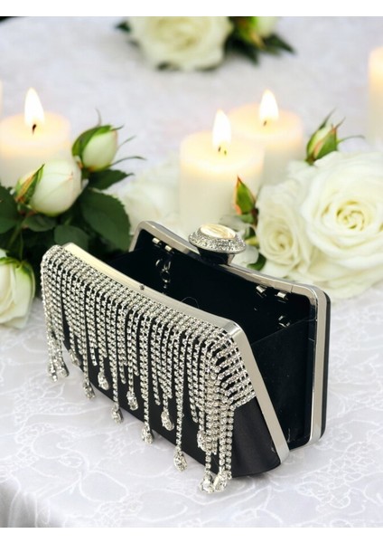 El Yapımı Siyah Saten Kristal Taşlı Abiye Çanta