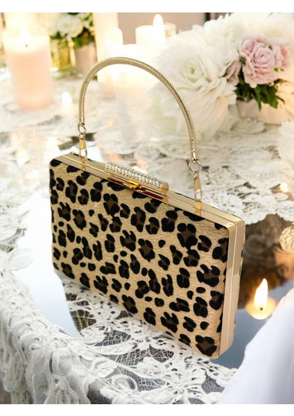 Tüylü Ithal Leopar Desenli Abiye Çanta Gece Çantası Düğün Nişan Mezuniyet