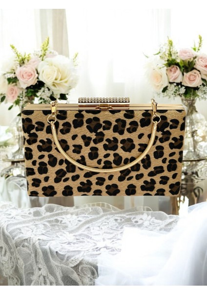 Tüylü Ithal Leopar Desenli Abiye Çanta Gece Çantası Düğün Nişan Mezuniyet indirimleri