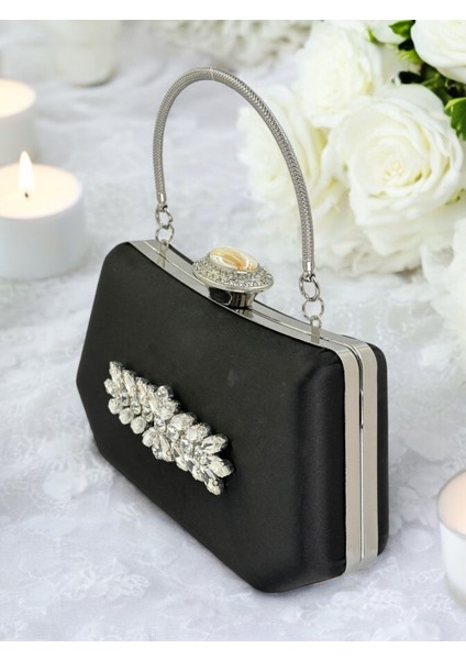 Siyah Renk Gümüş Kristal Taşlı Zarif Tasarım Metal Saplı Abiye Çantası