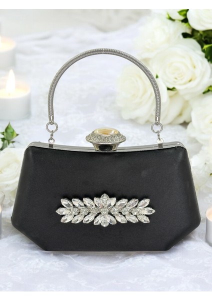 Siyah Renk Gümüş Kristal Taşlı Zarif Tasarım Metal Saplı Abiye Çantası fiyatları