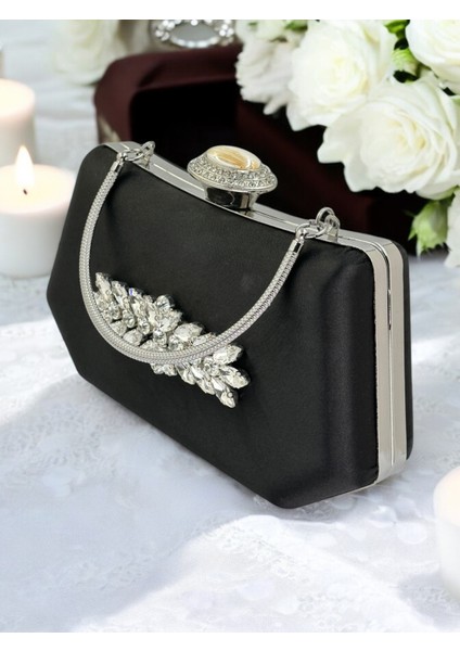 Siyah Renk Gümüş Kristal Taşlı Zarif Tasarım Metal Saplı Abiye Çantası fırsatları