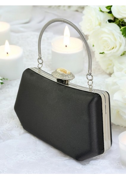 Siyah Renk Gümüş Kristal Taşlı Zarif Tasarım Metal Saplı Abiye Çantası