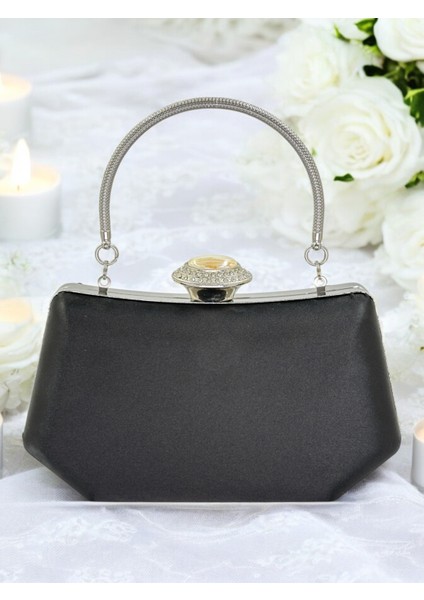 Siyah Renk Gümüş Kristal Taşlı Zarif Tasarım Metal Saplı Abiye Çantası fiyatları