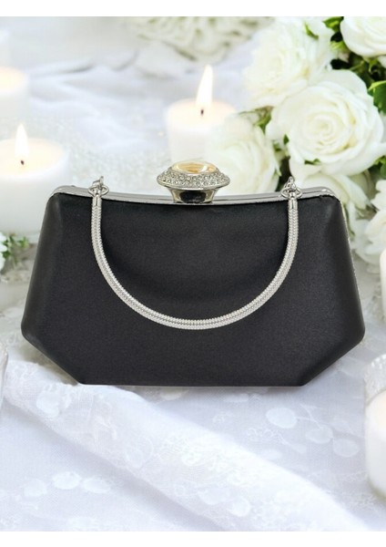 Siyah Renk Gümüş Kristal Taşlı Zarif Tasarım Metal Saplı Abiye Çantası modelleri
