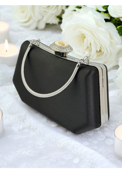 Siyah Renk Gümüş Kristal Taşlı Zarif Tasarım Metal Saplı Abiye Çantası fırsatları