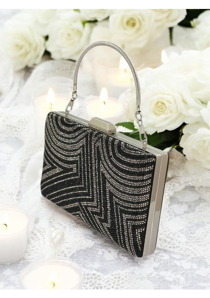 Siyah Platin Renk Kristal Taşlı Metal Saplı Abiye Çanta Düğün Nişan Kına Mezuniyet