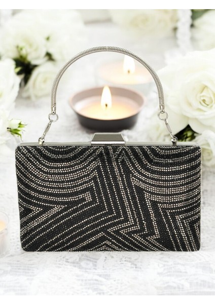 Siyah Platin Renk Kristal Taşlı Metal Saplı Abiye Çanta Düğün Nişan Kına Mezuniyet fiyatları