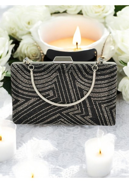 Siyah Platin Renk Kristal Taşlı Metal Saplı Abiye Çanta Düğün Nişan Kına Mezuniyet indirimleri