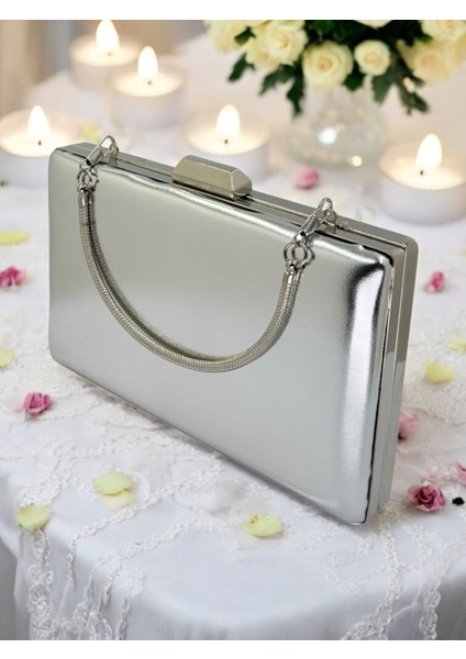 Gümüş Gri Lame Renk Cilt Deri Mat Deri Abiye Çanta Gece Çantası Nişan Düğün Çantası
