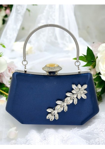Lacivert Renk Gümüş Kristal Taşlı Zarif Tasarım Metal Saplı Abiye Çantası fiyatları