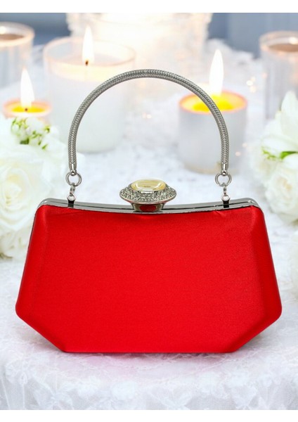 Kırmızı Renk Gümüş Kristal Taşlı Zarif Tasarım Metal Saplı Abiye Çantası fiyatları