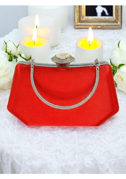 Kırmızı Renk Gümüş Kristal Taşlı Zarif Tasarım Metal Saplı Abiye Çantası fırsatları