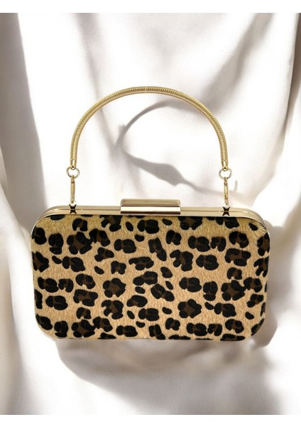 Tüylü Ithal Leopar Desenli Metal Saplı Metal Kasalı Abiye Çanta Gece Çantası Düğün Nişan Mezuniyet