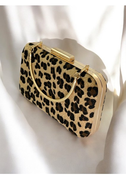 Tüylü Ithal Leopar Desenli Metal Saplı Metal Kasalı Abiye Çanta Gece Çantası Düğün Nişan Mezuniyet