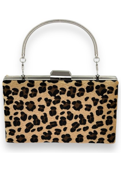 Tüylü Ithal Leopar Desenli Abiye Çanta Gece Çantası Düğün Nişan Mezuniyet