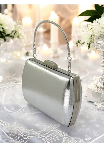 Gümüş Gri Lame Kırışık Cilt Deri Metalik Renk Zincir Askılı Abiye Çanta Düğün Nişan Mezuniyet