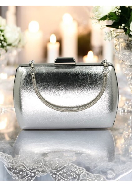 Gümüş Gri Lame Kırışık Cilt Deri Metalik Renk Zincir Askılı Abiye Çanta Düğün Nişan Mezuniyet fırsatları